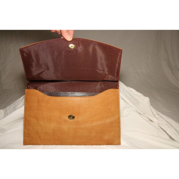 Vintage Tan Leather Flat Purse Envelop Handbag Gold Handle Brass Snap Closure - Picture 4 of 6